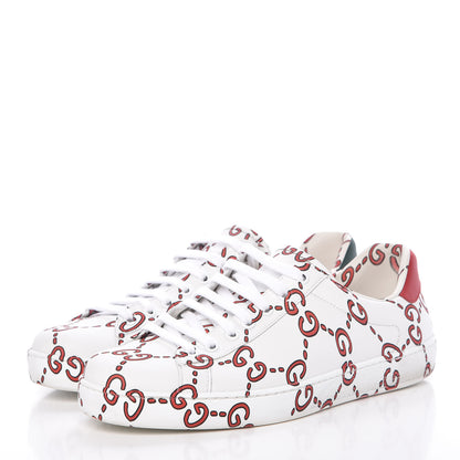 Gucci Calfskin GucciGhost Print Mens Ace Sneakers 7.5 White Hibiscus Red 3 of 17