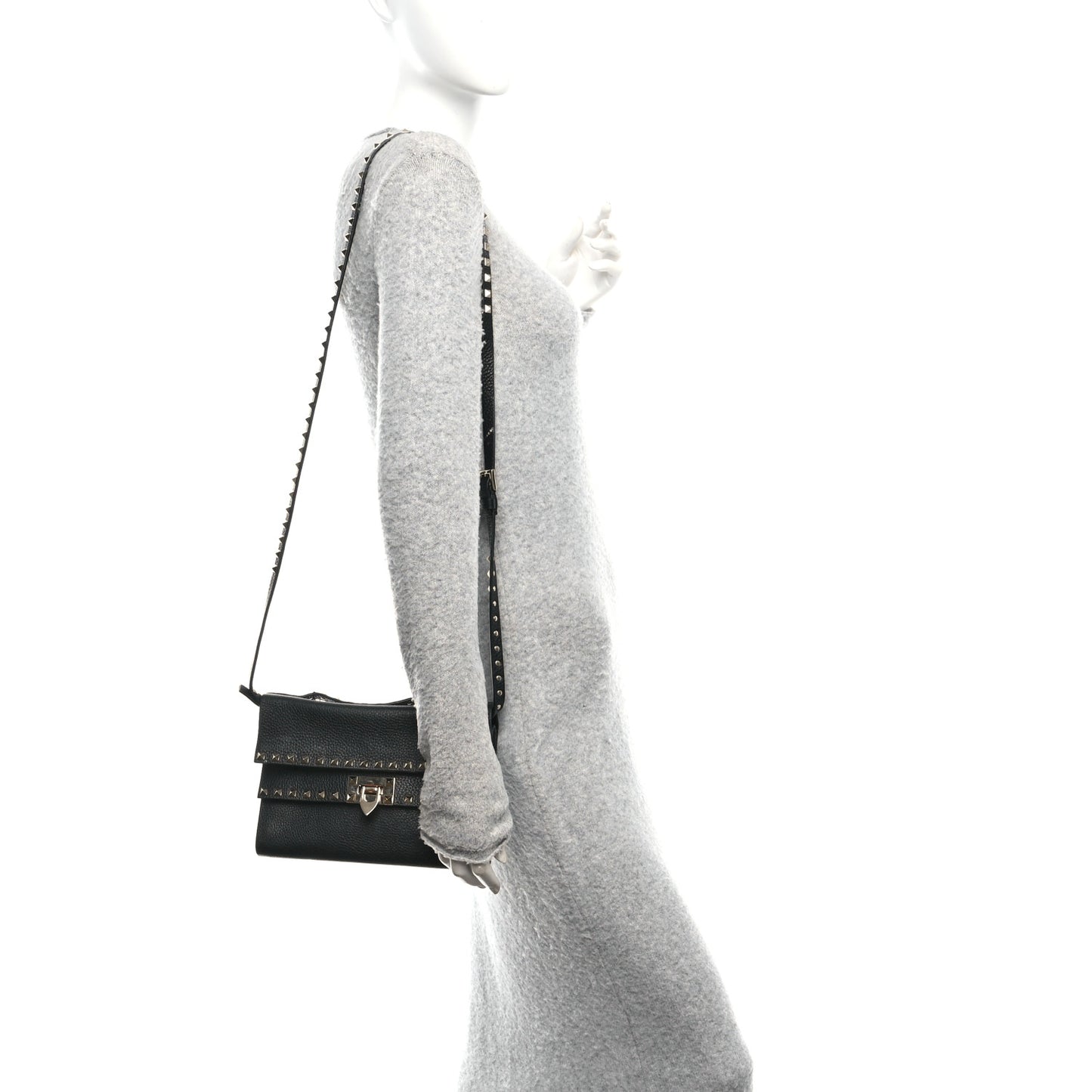Grainy Calfskin Rockstud Double Flap Crossbody Bag Black