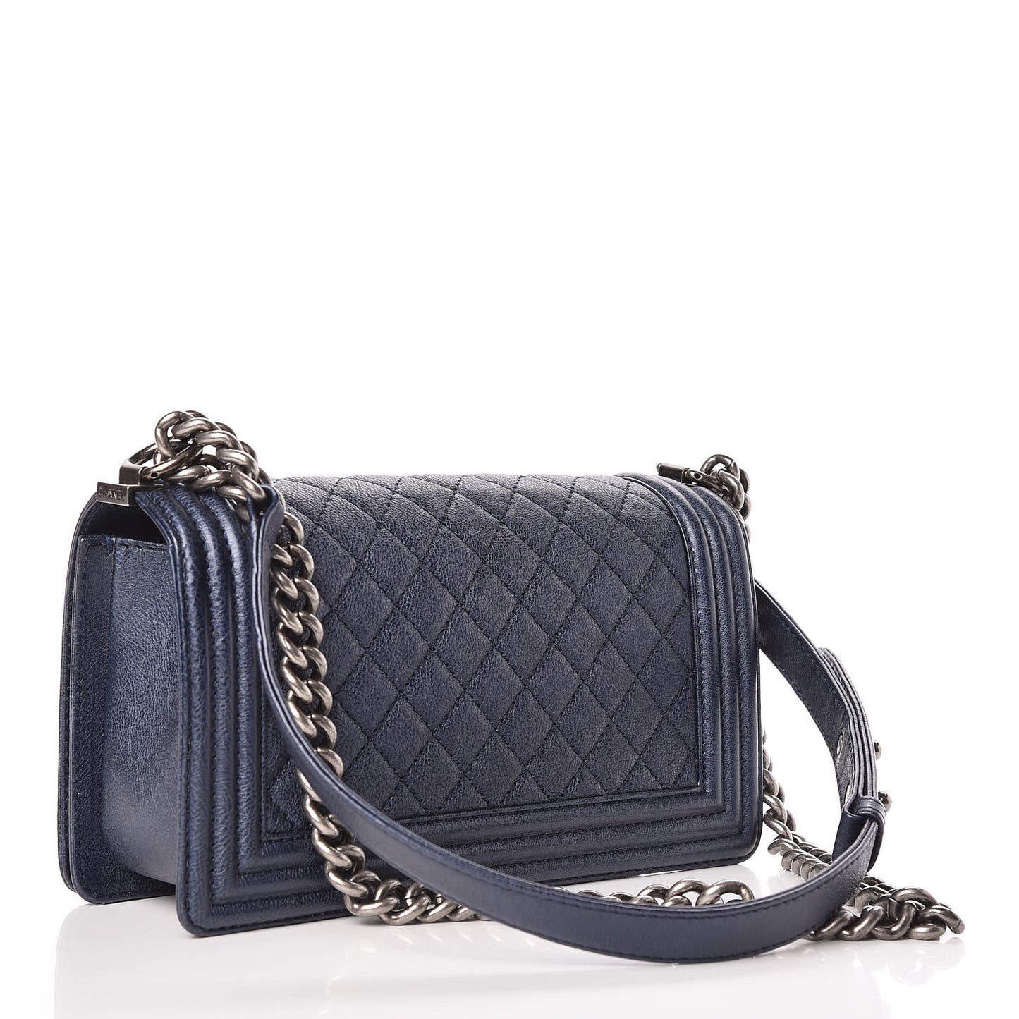 Metallic Calfskin Quilted Medium Boy Flap Blue