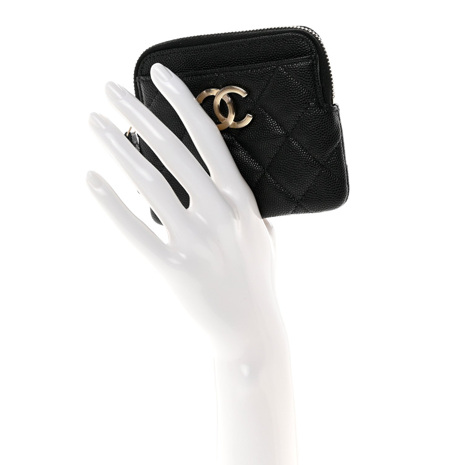 Chanel Caviar Metal Quilted Striated Zip Card Holder Wallet Black 2 of 9