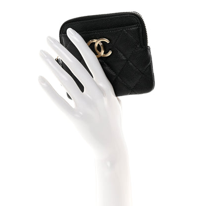 Chanel Caviar Metal Quilted Striated Zip Card Holder Wallet Black 2 of 9