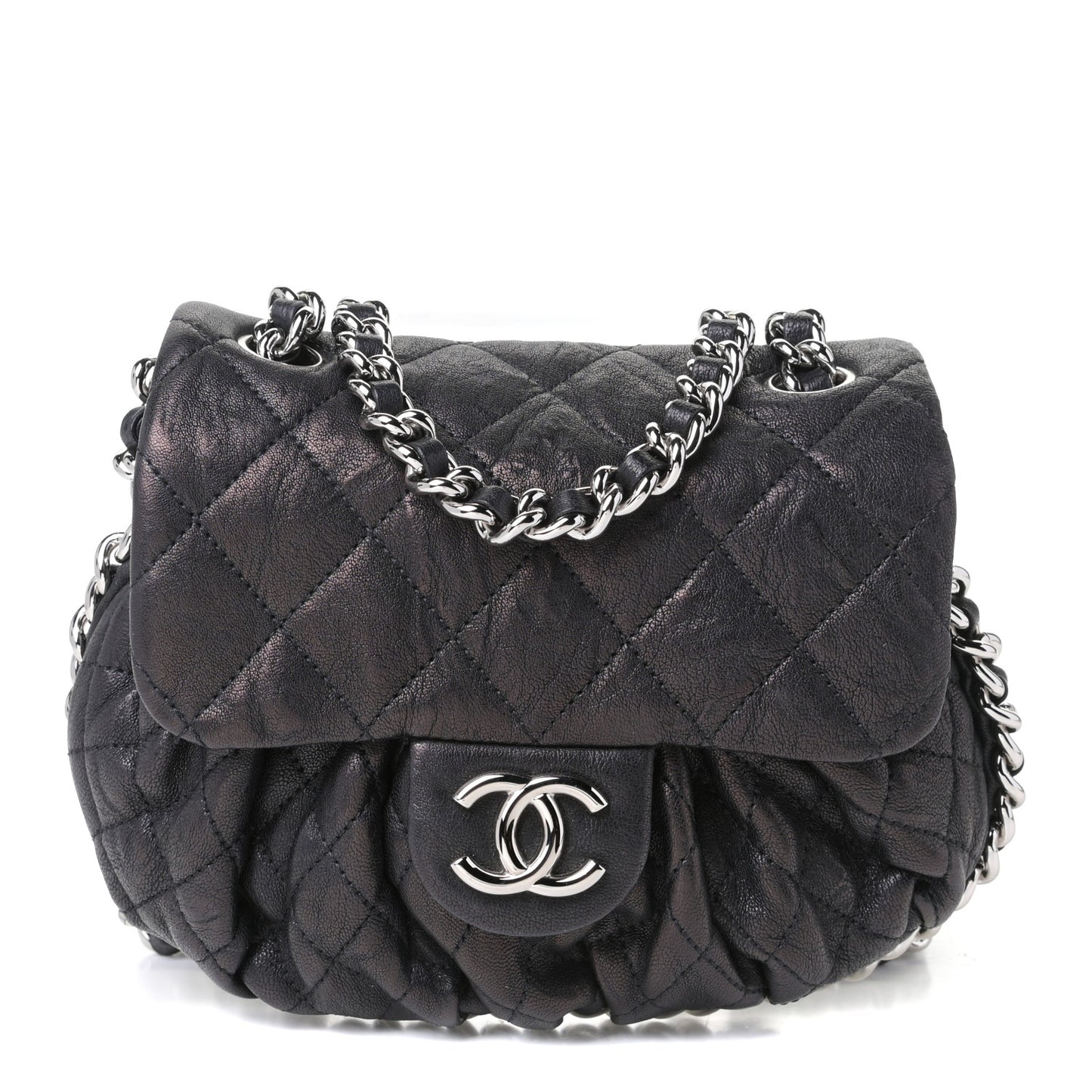 Washed Lambskin Quilted Mini Chain Around Flap Black