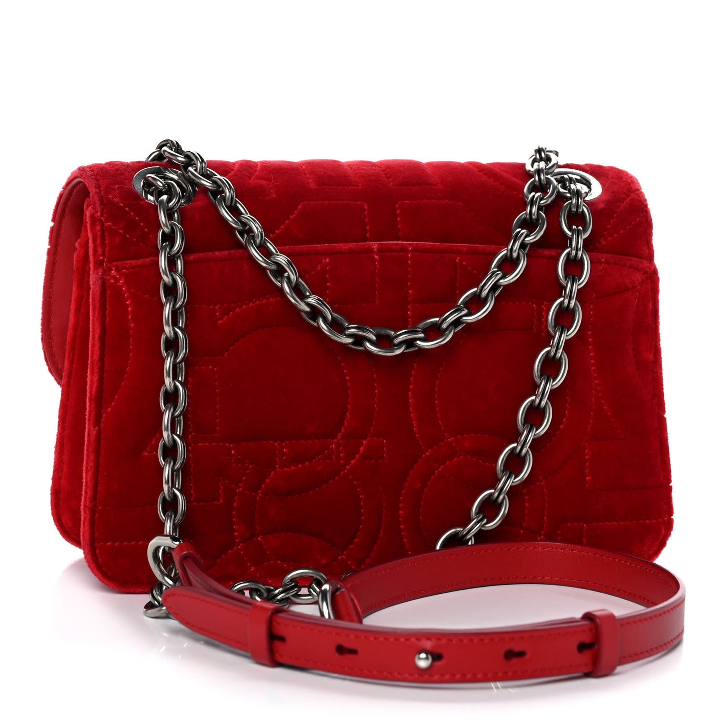 Velvet Quilted Gancini Flap Bag Red