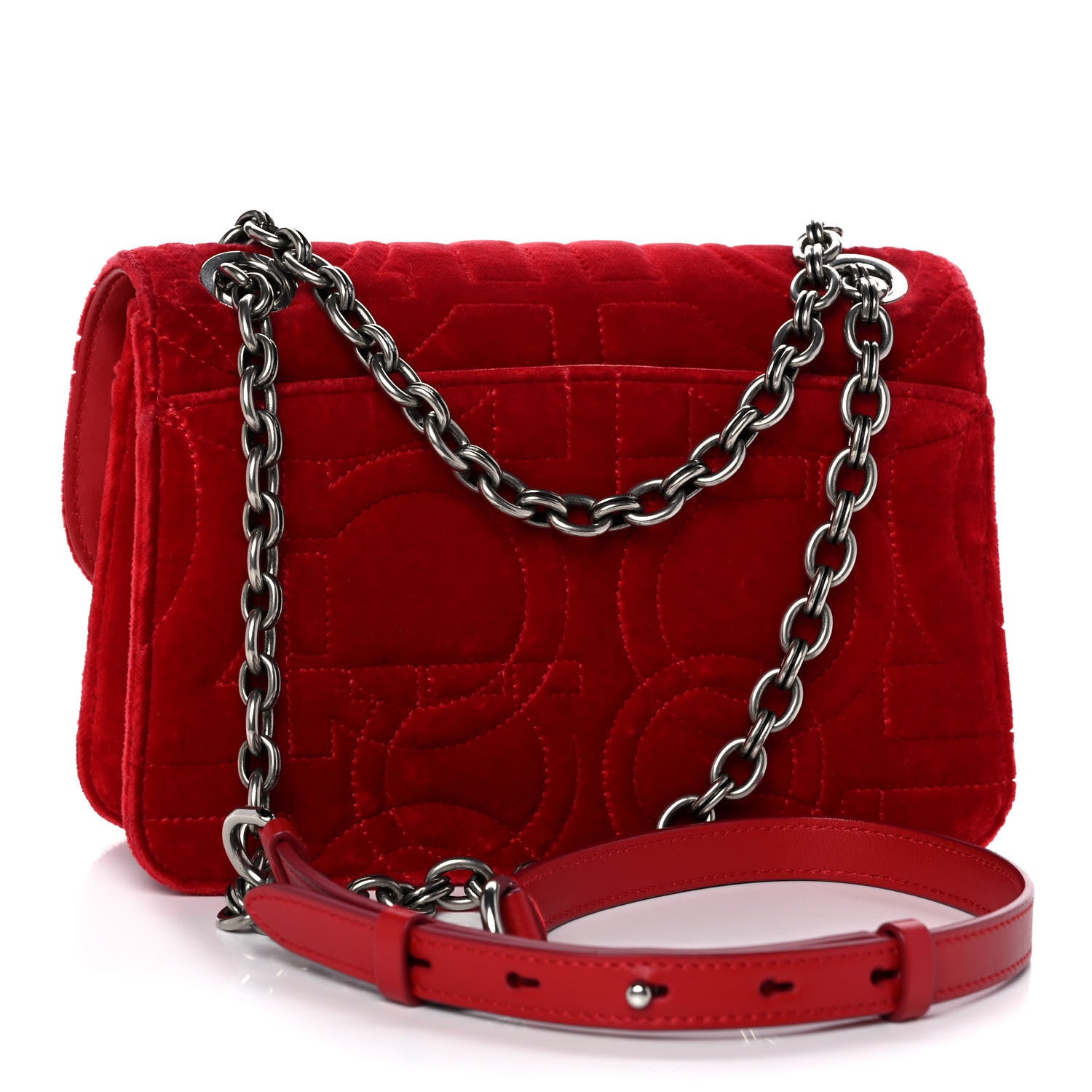 Salvatore Ferragamo Velvet Quilted Gancini Flap Bag Red 3 of 13