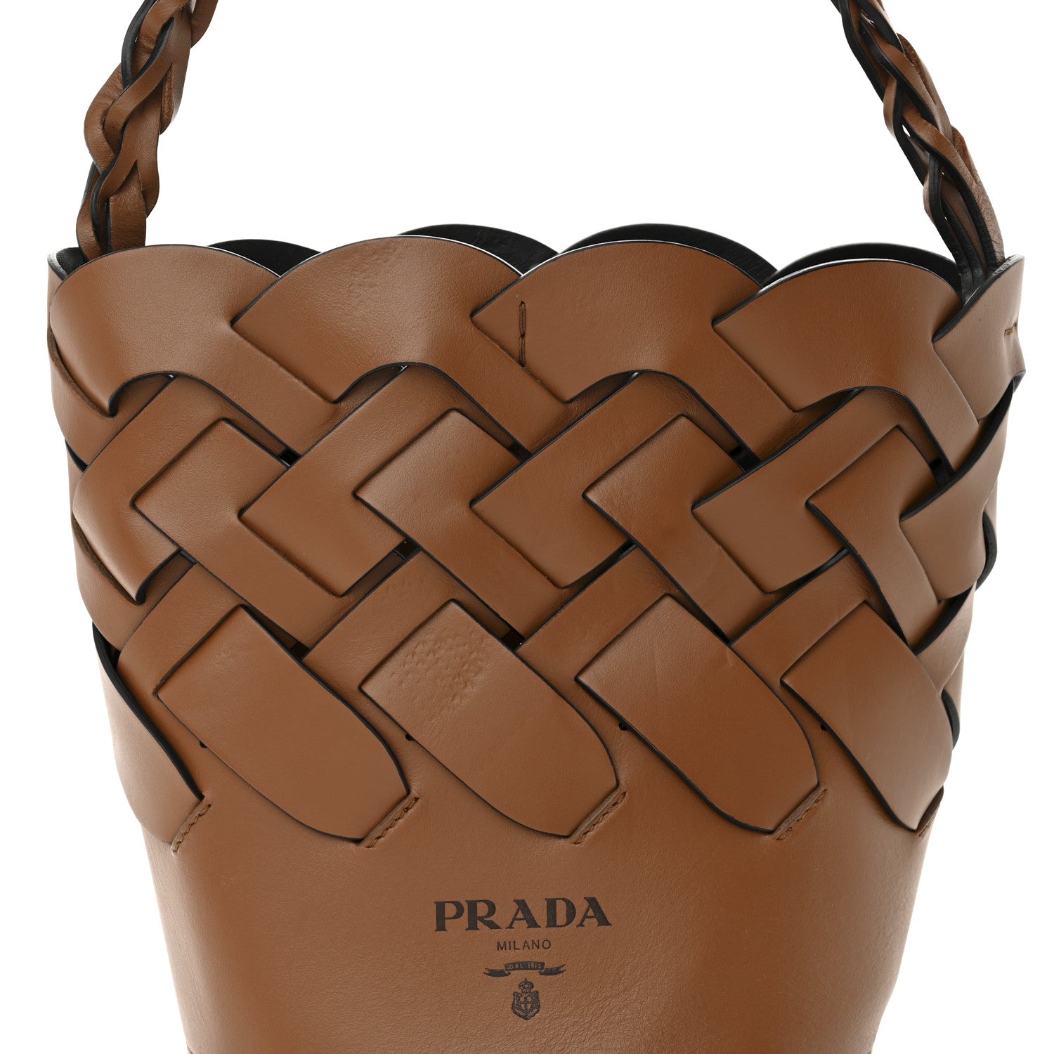 Prada Vitello Intreccio Tress Bucket Bag Cognac Black 8 of 14