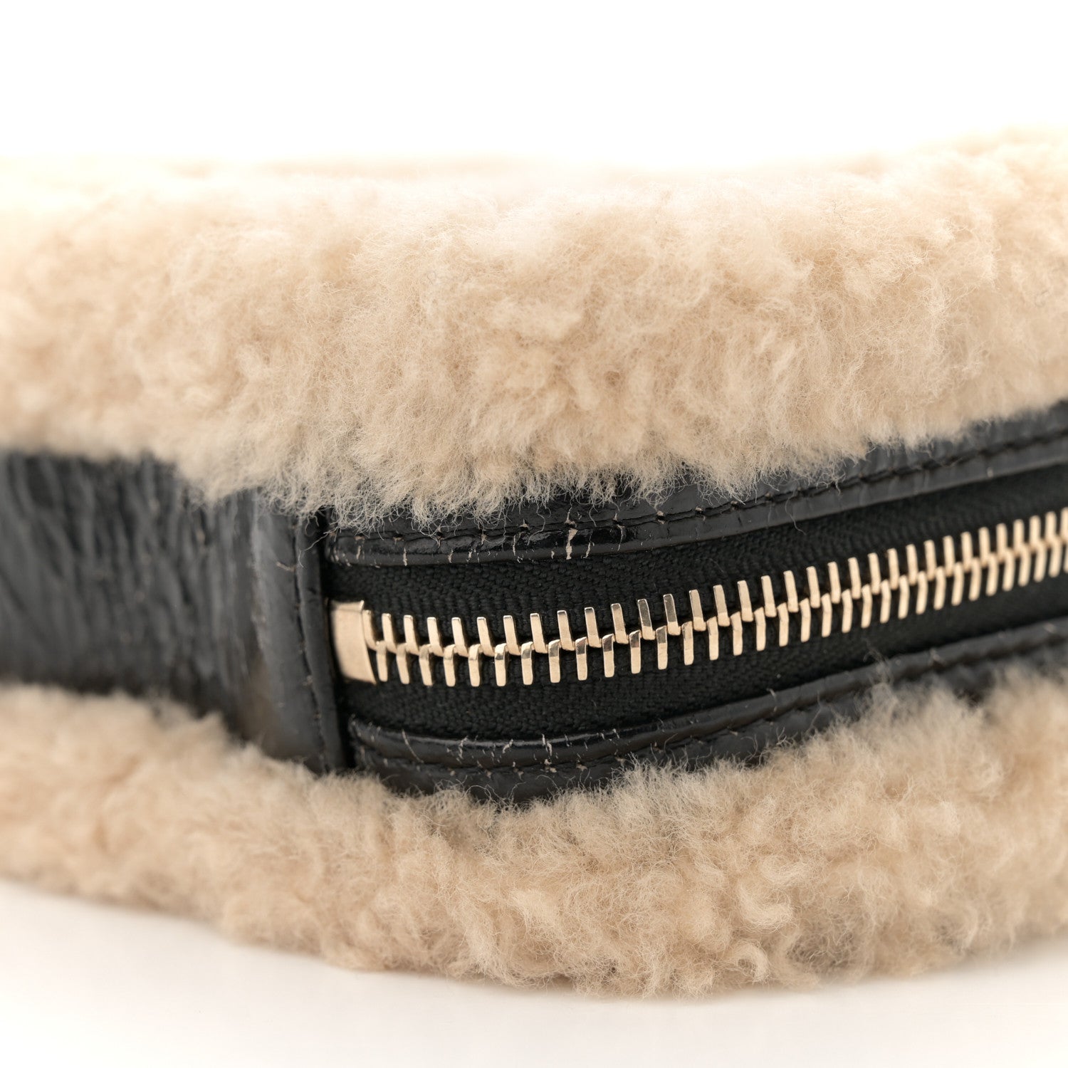 Chanel Shiny Crumpled Sheepskin Shearling Waist Bag Black Beige 10 of 12