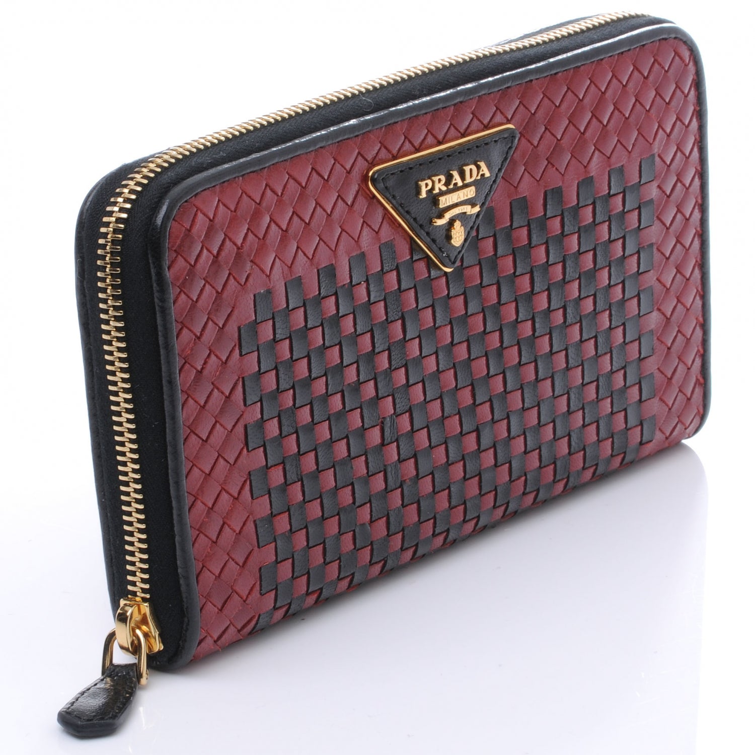 Prada Goatskin Woven Zip Around Wallet Rubino Black 4 of 8