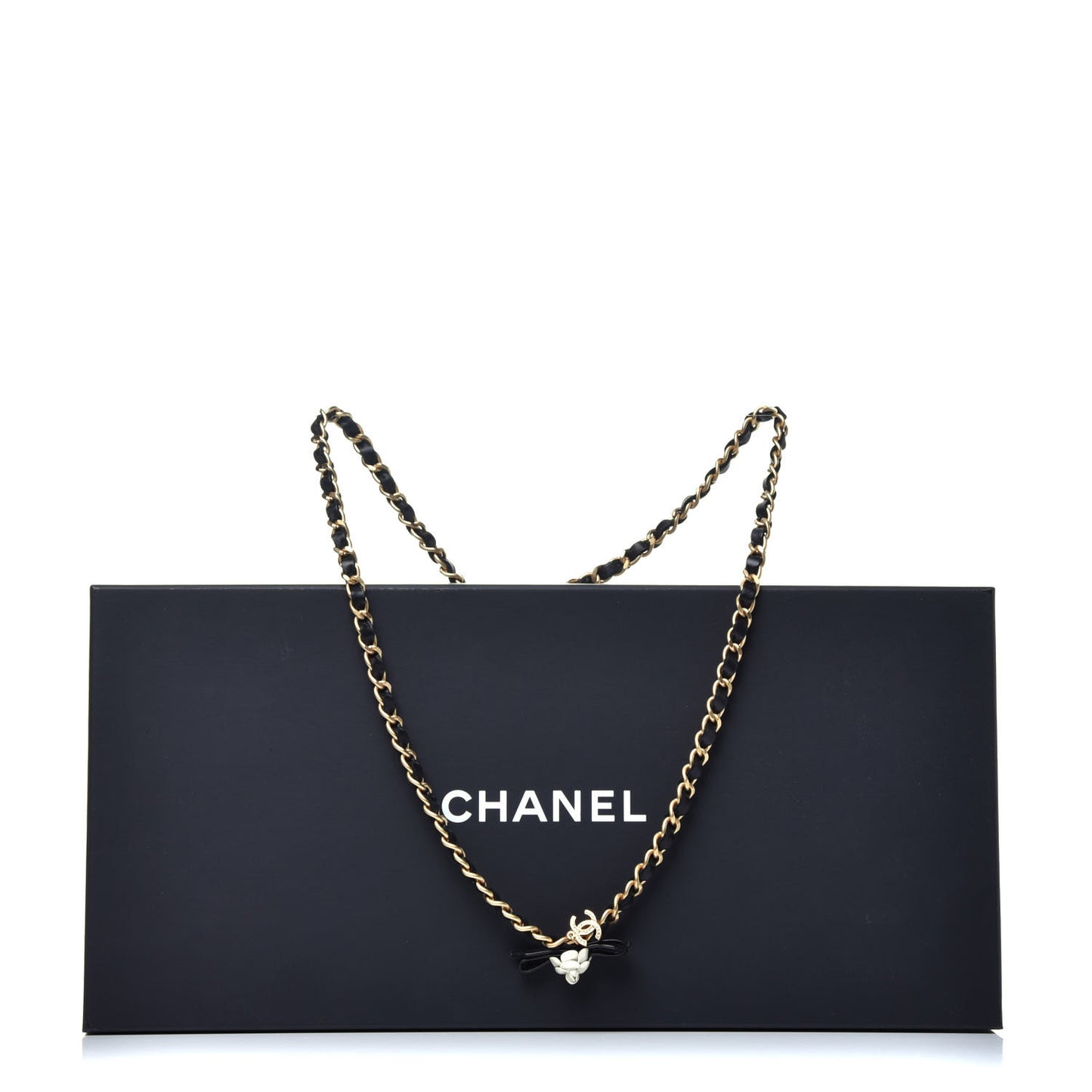 Calfskin Crystal Chain Camellia Belt 85 Black Gold