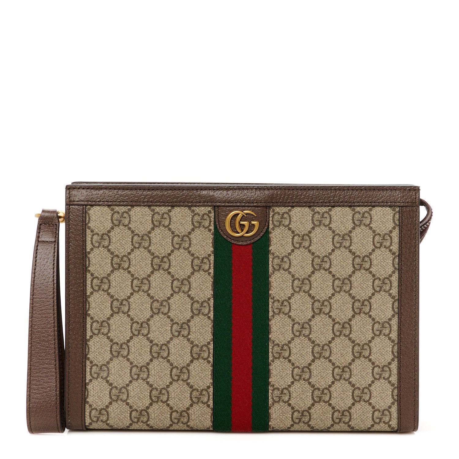 Gucci GG Supreme Monogram Textured Dollar Calfskin Web Small Ophidia Wristlet Pouch Beige Ebony New Acero 1 of 11
