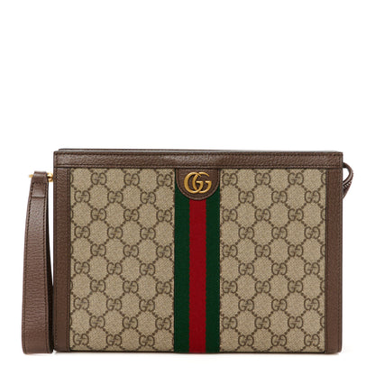 Gucci GG Supreme Monogram Textured Dollar Calfskin Web Small Ophidia Wristlet Pouch Beige Ebony New Acero 1 of 11