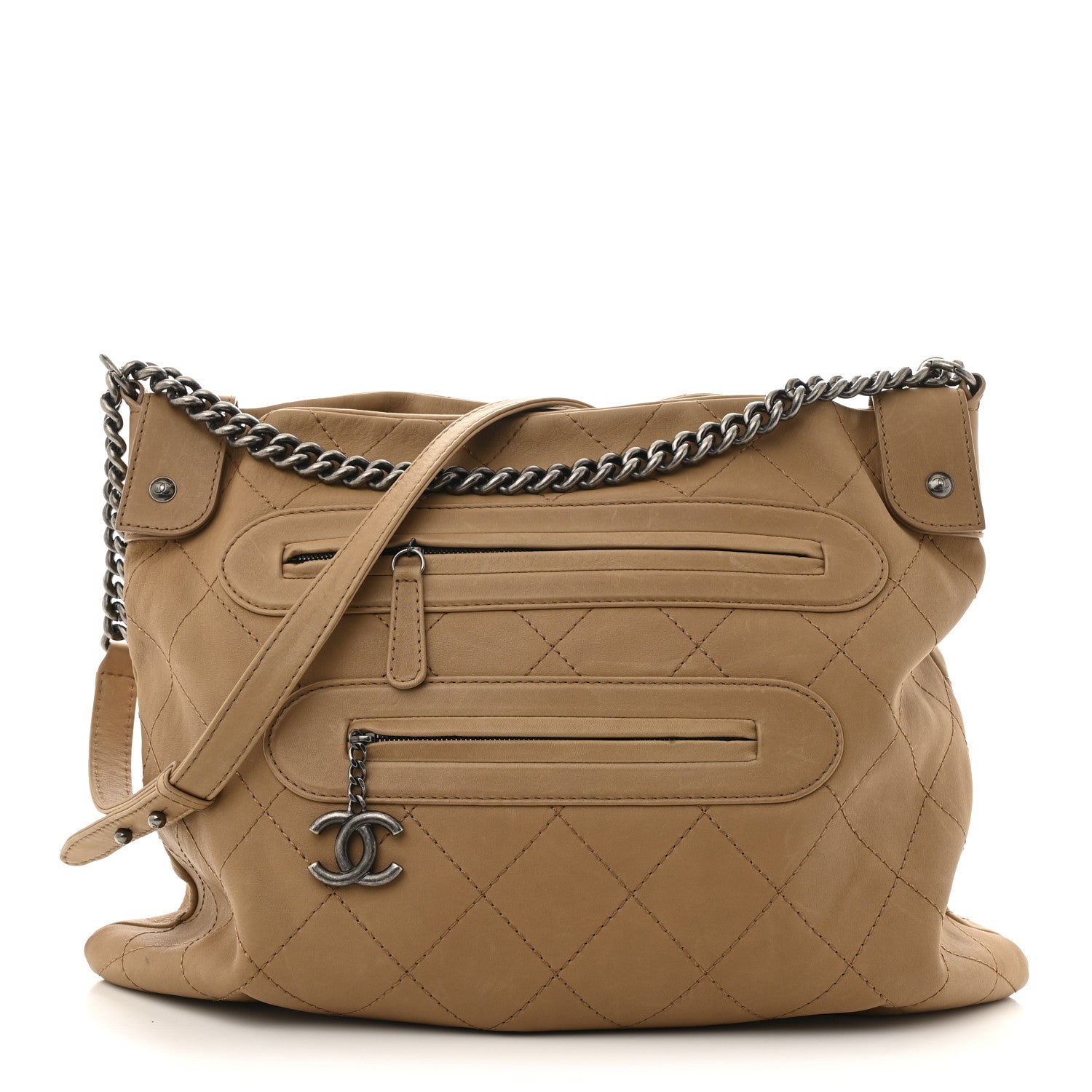 Chanel Calfskin Stitched Double Zip Hobo Beige 1 of 15