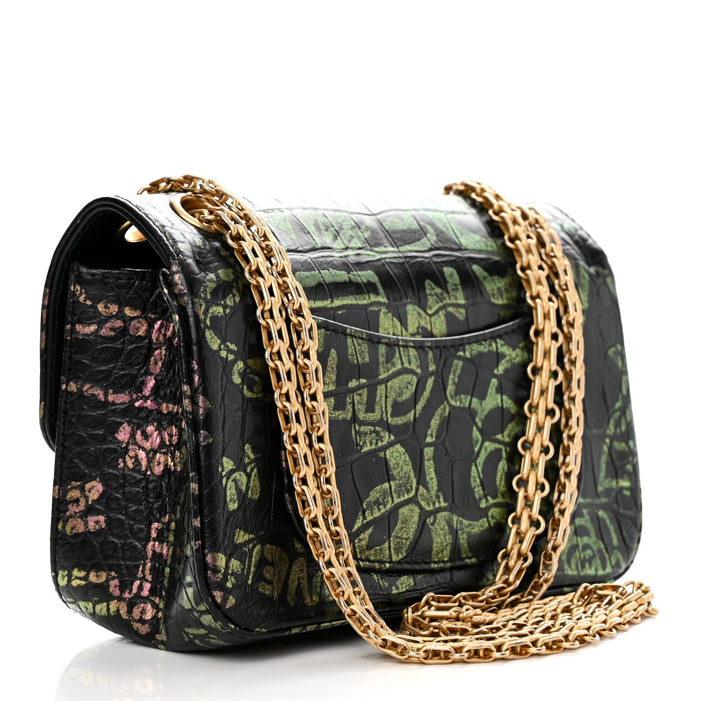 Calfskin Crocodile Embossed Graffiti 2.55 Mini Cocodile Reissue Flap Black Pink