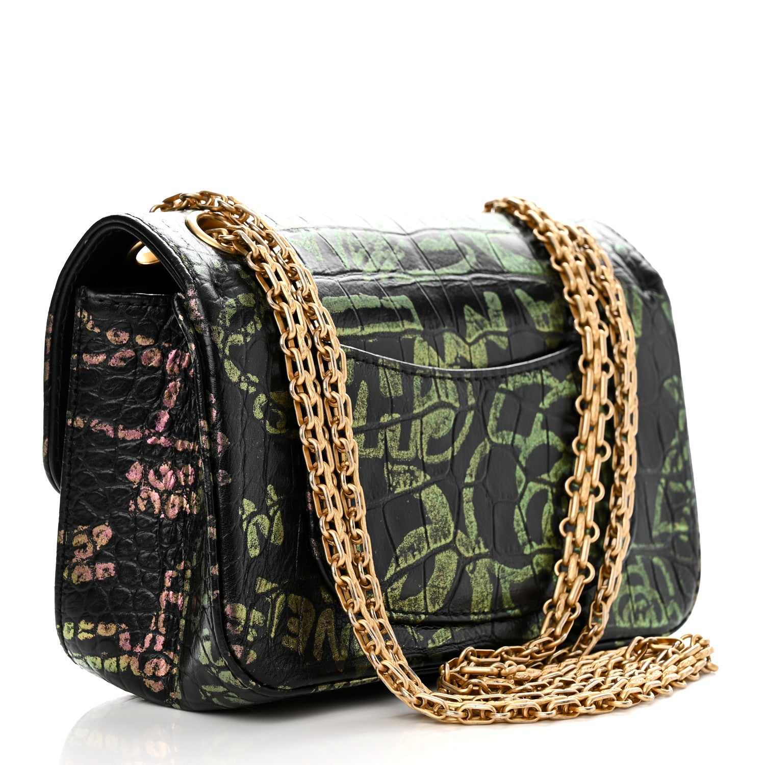Chanel Calfskin Crocodile Embossed Graffiti 2.55 Mini Cocodile Reissue Flap Black Pink 3 of 12