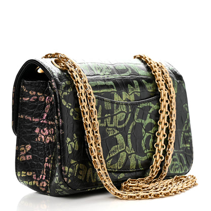 Chanel Calfskin Crocodile Embossed Graffiti 2.55 Mini Cocodile Reissue Flap Black Pink 3 of 12