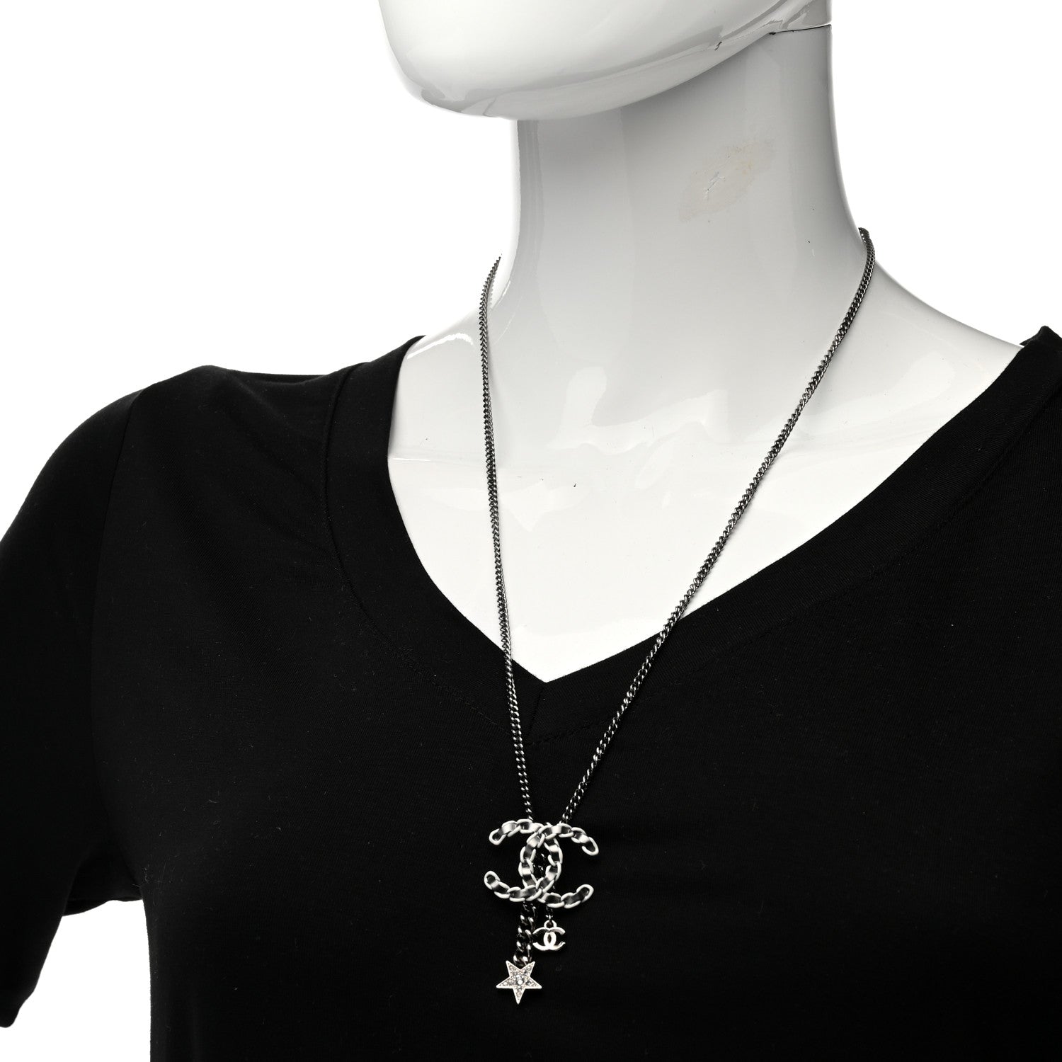 Chanel Crystal Lambskin Resin Chain CC Necklace Silver White Black 2 of 6