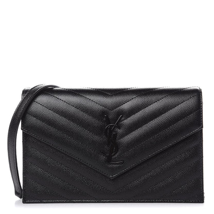 Saint Laurent Grain De Poudre Matelasse Chevron Monogram Envelope Chain Wallet Black 1 of 8