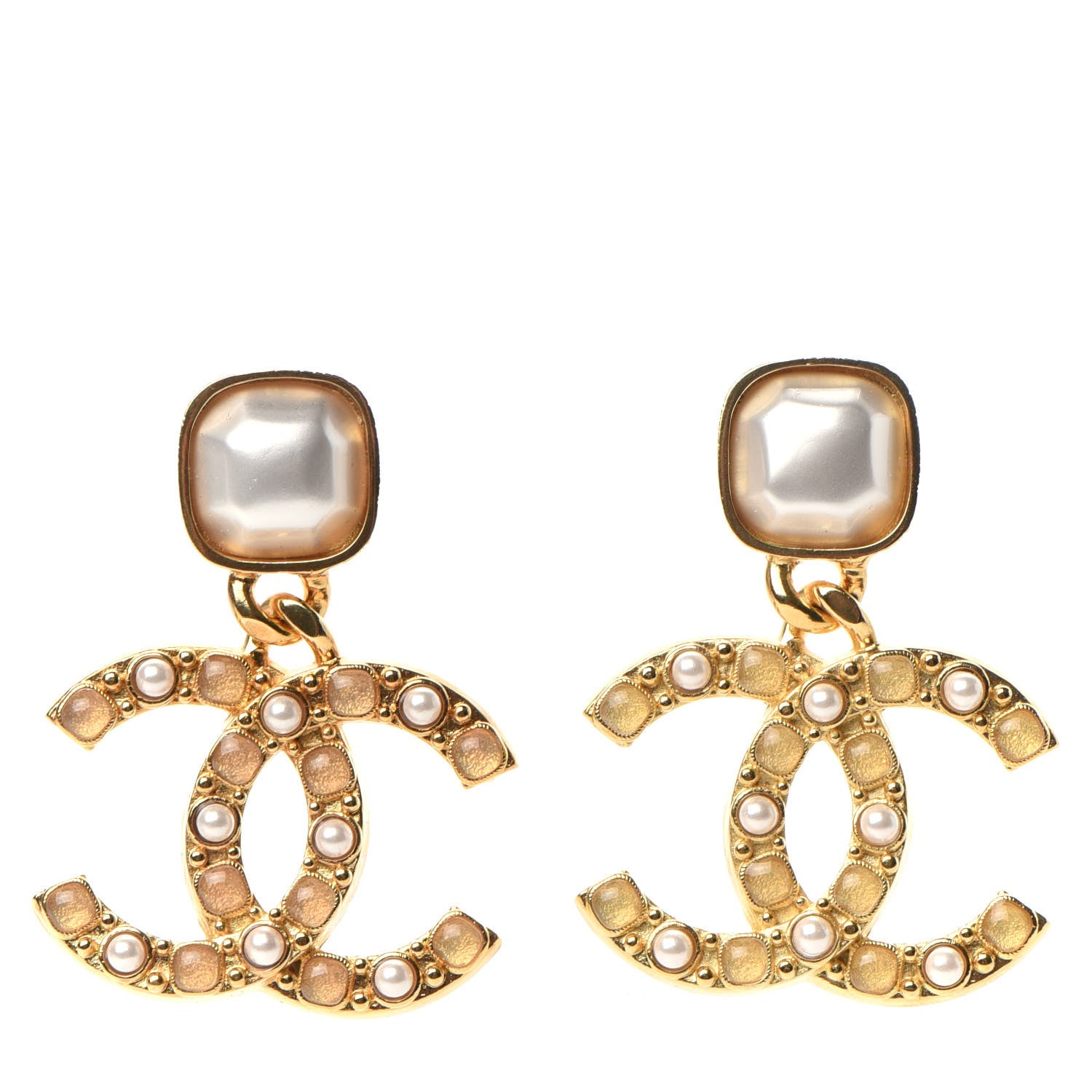 Chanel Pearl Stones CC Drop Earrings Gold 1 of 5