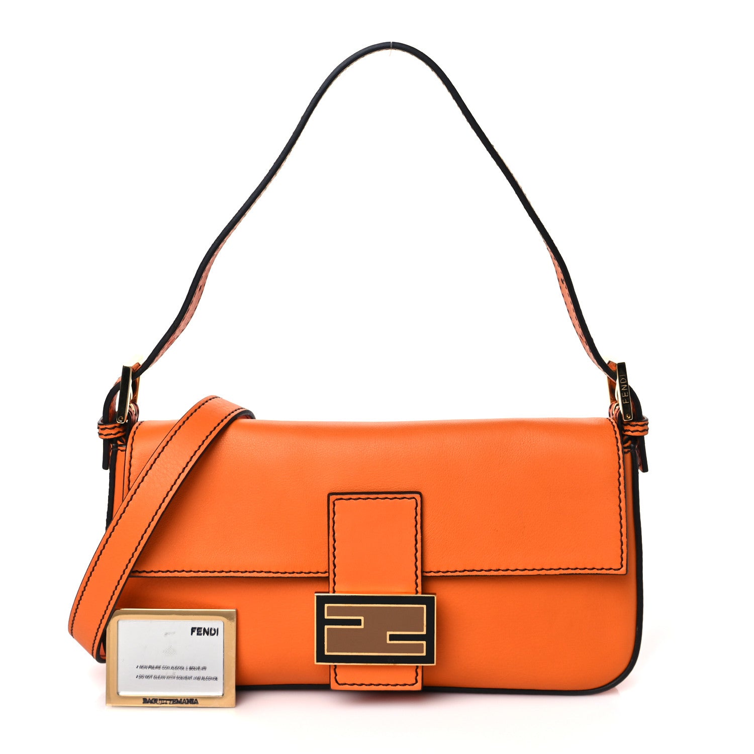 Fendi Vitello Flamingo Enamel Interchangeable Strap Baguette Orange Black Tobacco 1 of 9