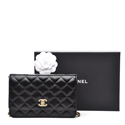 Chanel Lambskin Quilted CC Pearl Crush Wallet on Chain WOC Black 13 of 14