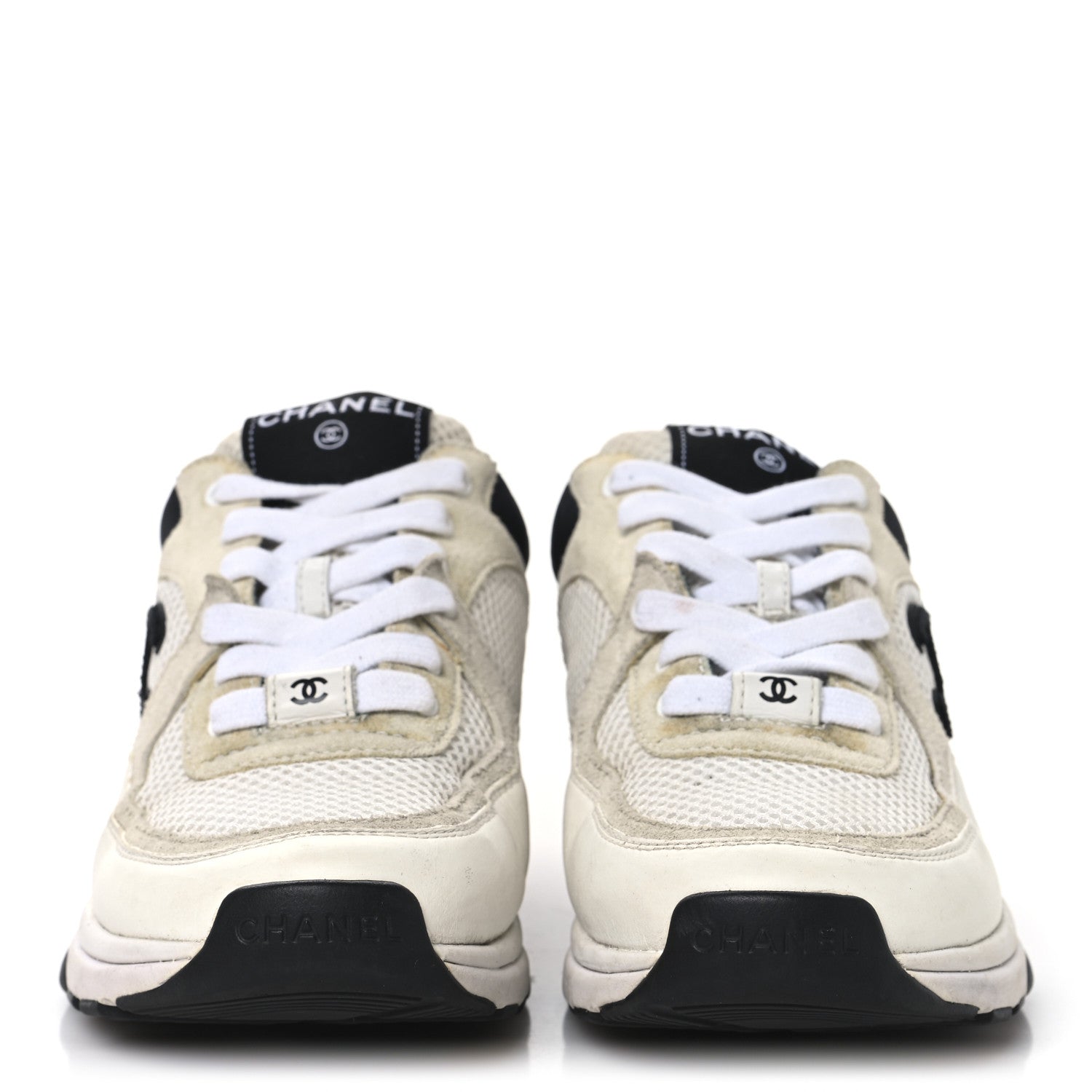 Chanel Mesh Suede Calfskin Grained Calfskin Womens CC Sneakers 37 White Black 3 of 9