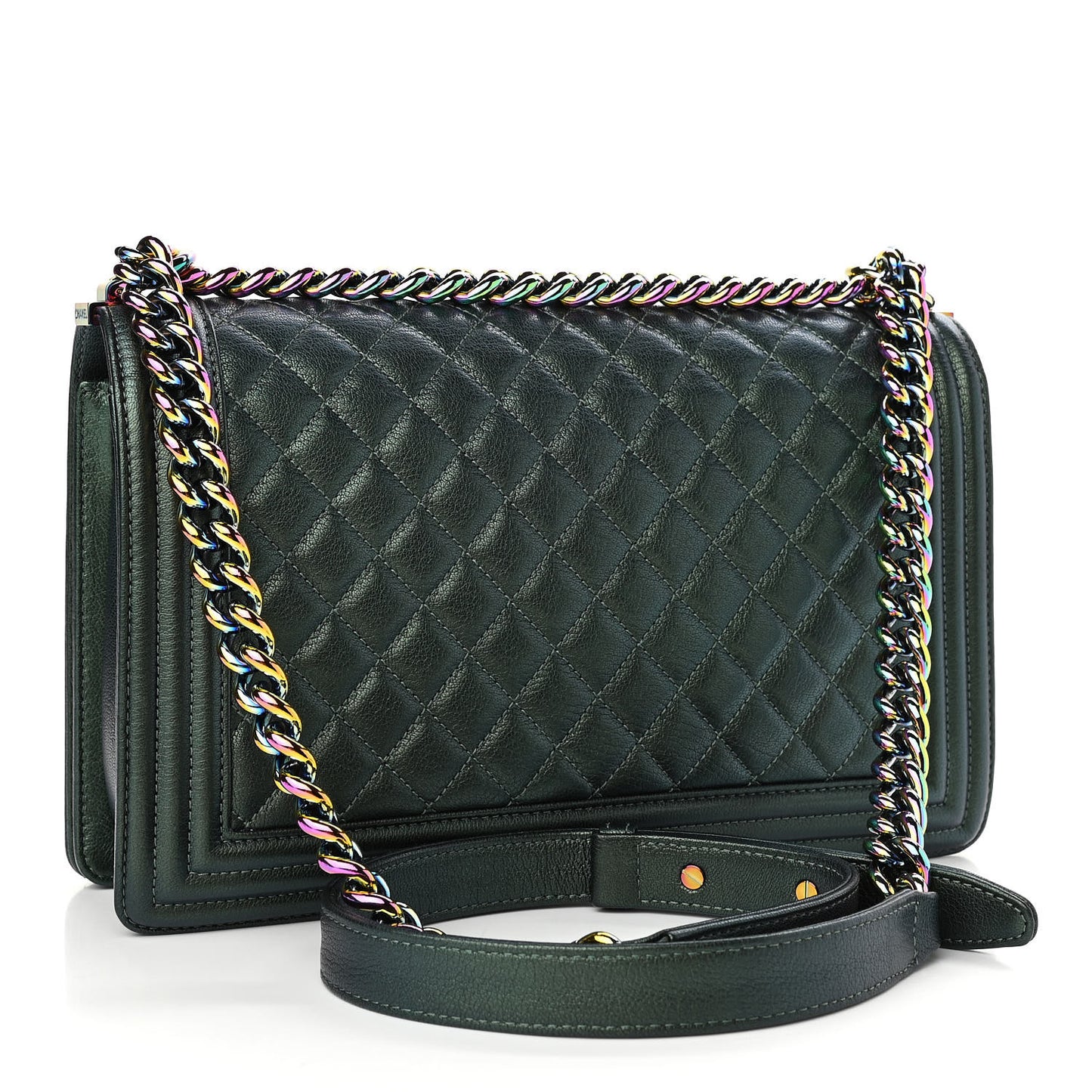 Iridescent Goatskin Quilted New Medium Boy Flap Green