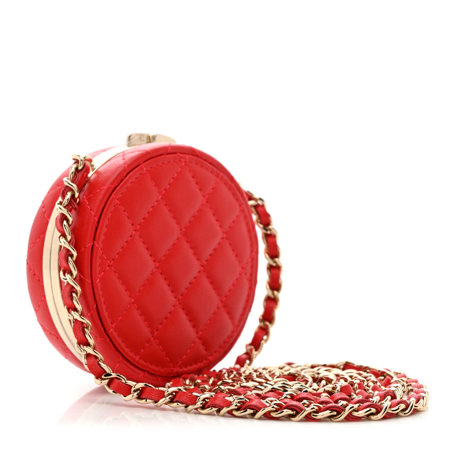 Chanel Lambskin Enamel Quilted Round Poker Chip Clutch With Chain Red White 3 of 10