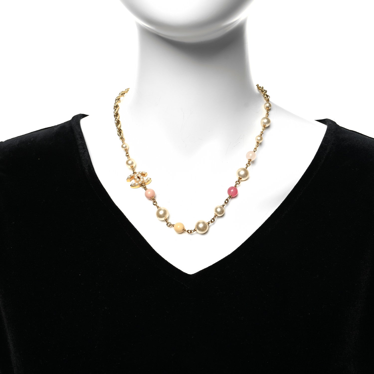 Chanel Pearl Beaded Crystal CC Necklace Gold Pink 2 of 6