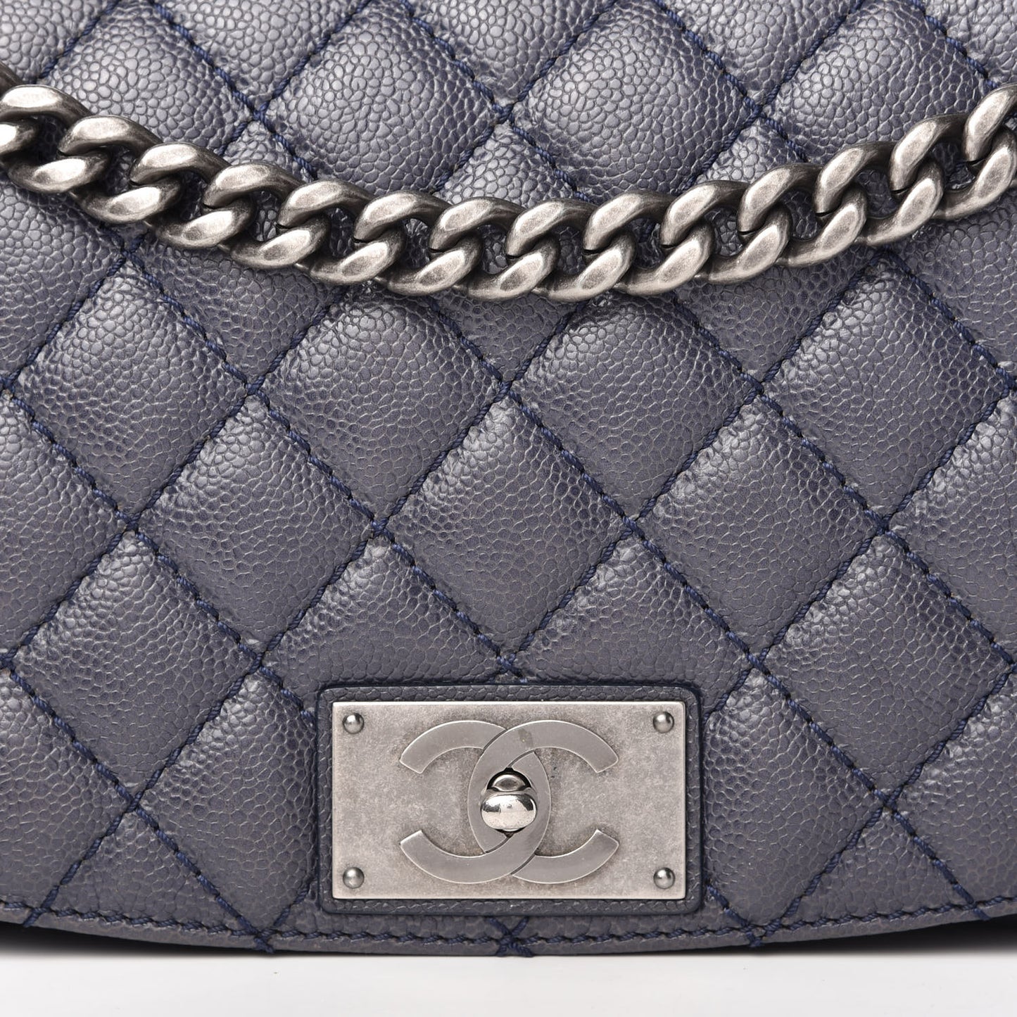 Metallic Caviar Quilted Flap Navy Blue
