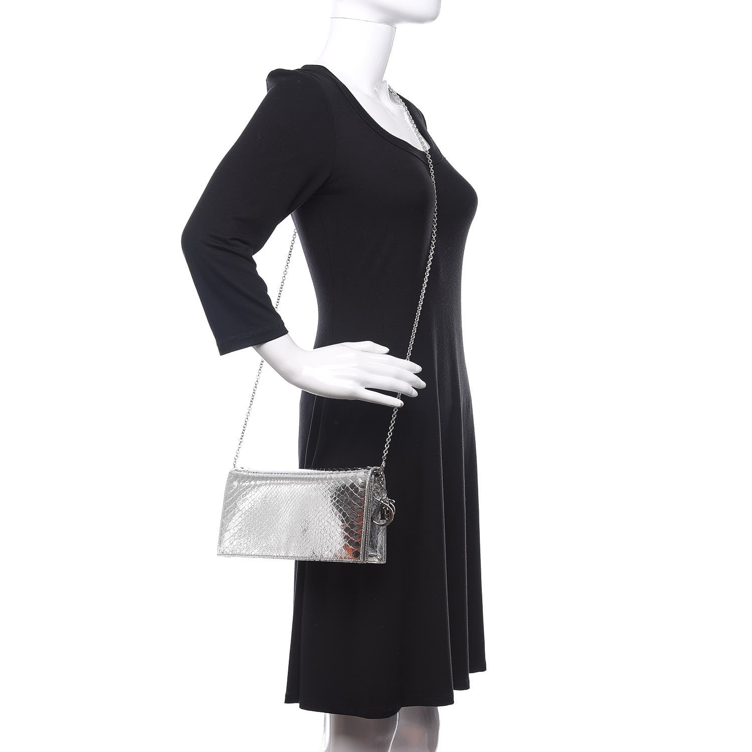 Christian Dior Metallic Snakeskin Lady Dior Croisiere Chain Clutch Silver 2 of 12