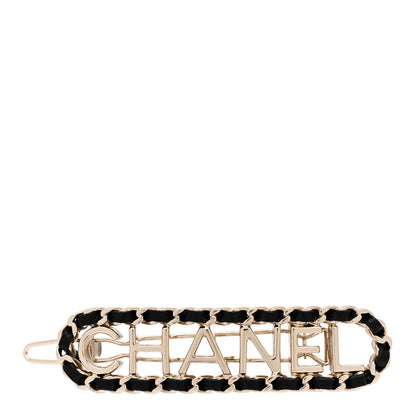 Chanel Metal Lambskin Vintage Allure Logo Hair Clip Black Gold 1 of 5