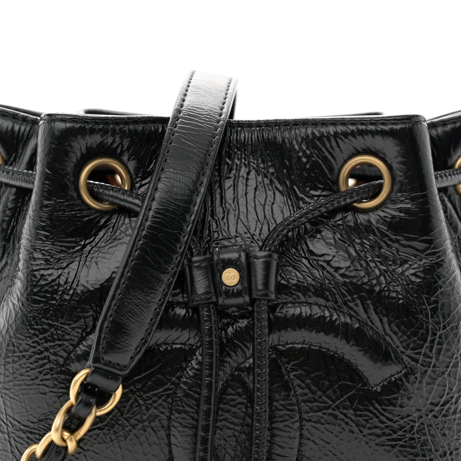 Chanel Shiny Aged Calfskin CC Chain Mini Drawstring Bag Black 8 of 11