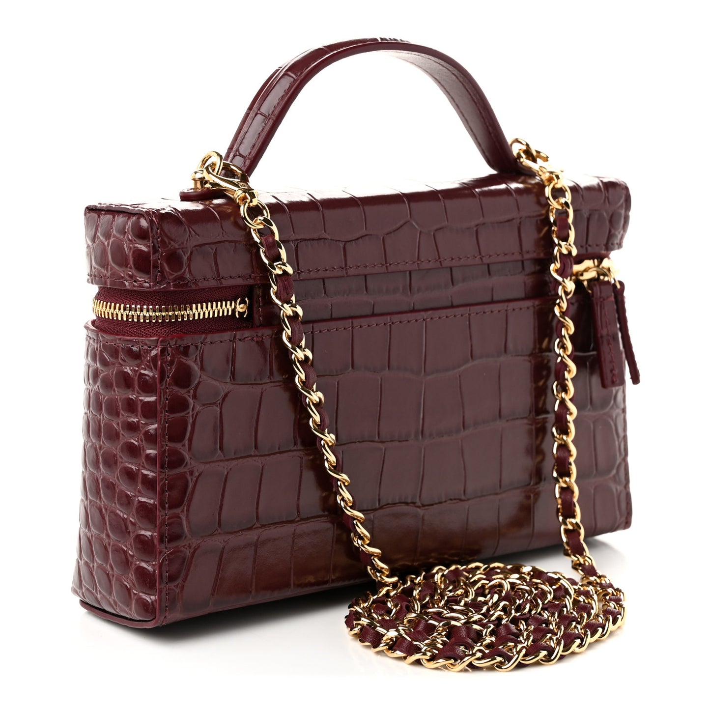 Calfskin Crocodile Embossed Top Handle Slim Vanity With Chain Dark Burgundy