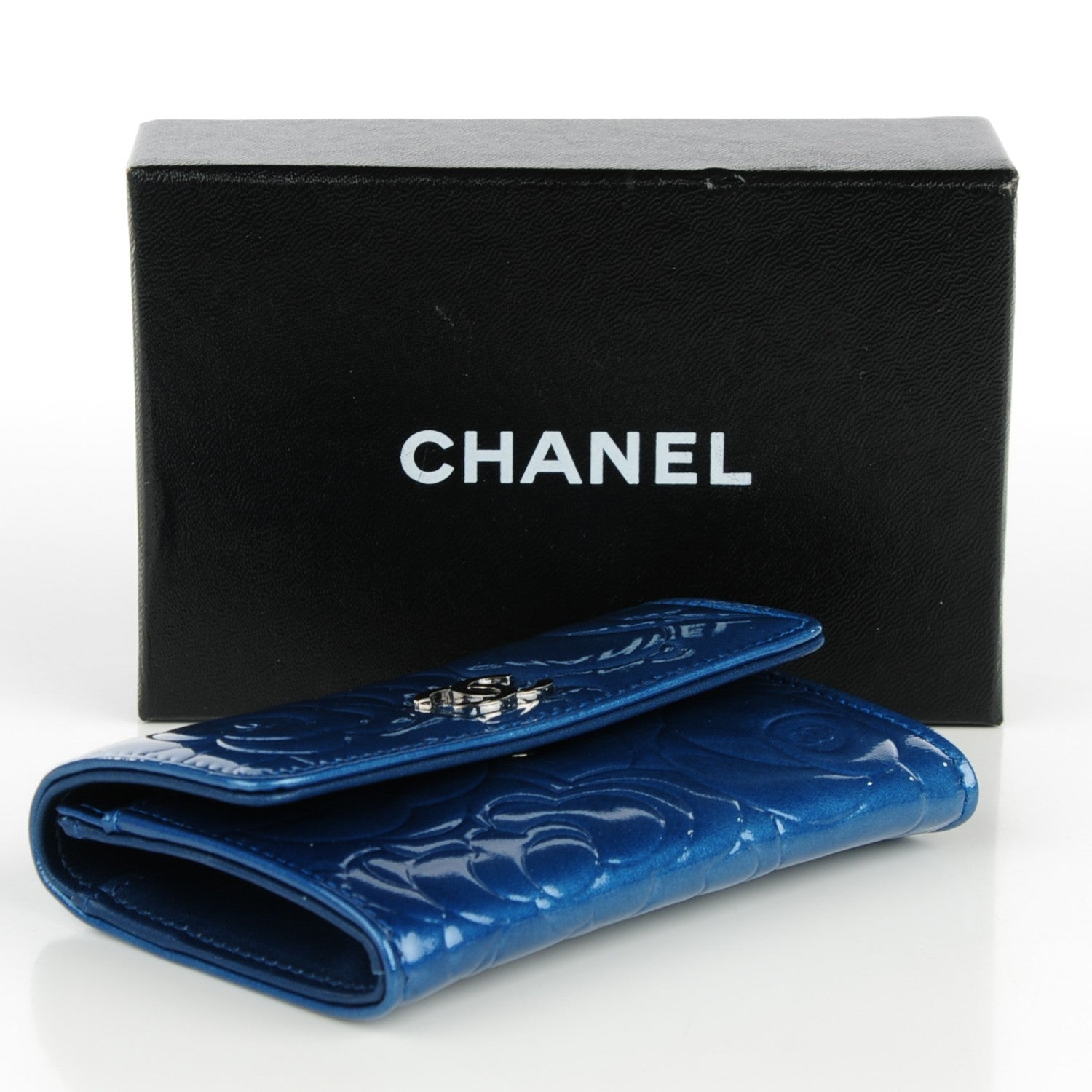 Chanel Patent Camellia Embossed Card Holder Blue 4 of 8