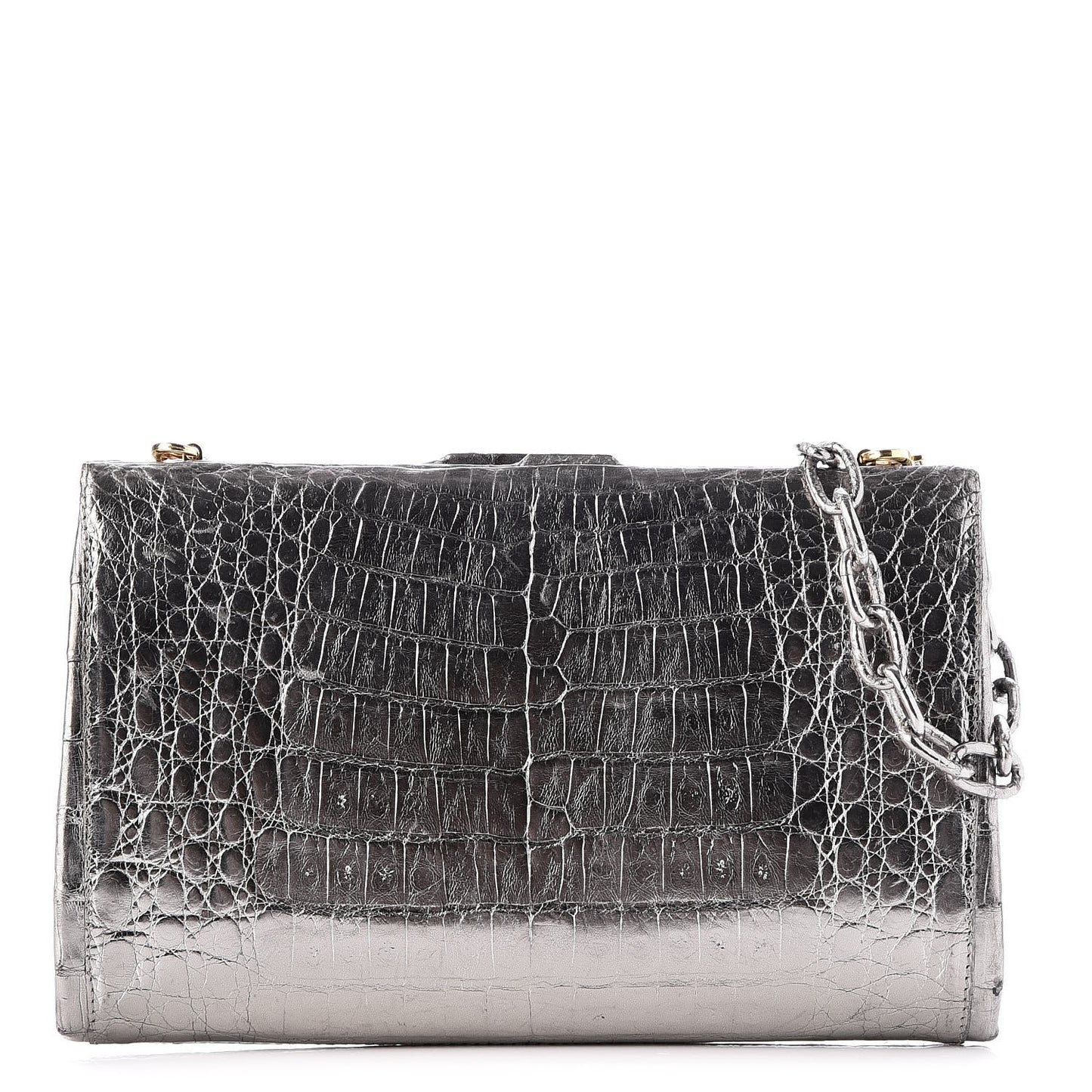 Metallic Crocodile Slim Frame Chain Clutch Silver