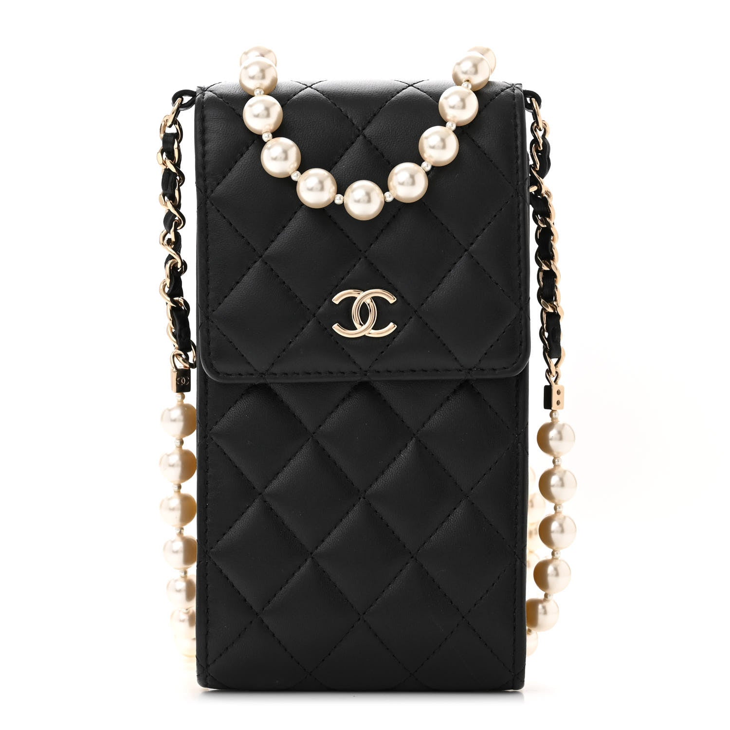 Chanel Lambskin Quilted Pearl Phone Holder With Chain Black 1 of 11