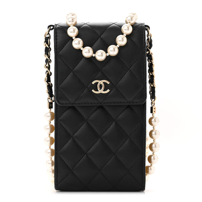 Chanel Lambskin Quilted Pearl Phone Holder With Chain Black 1 of 11
