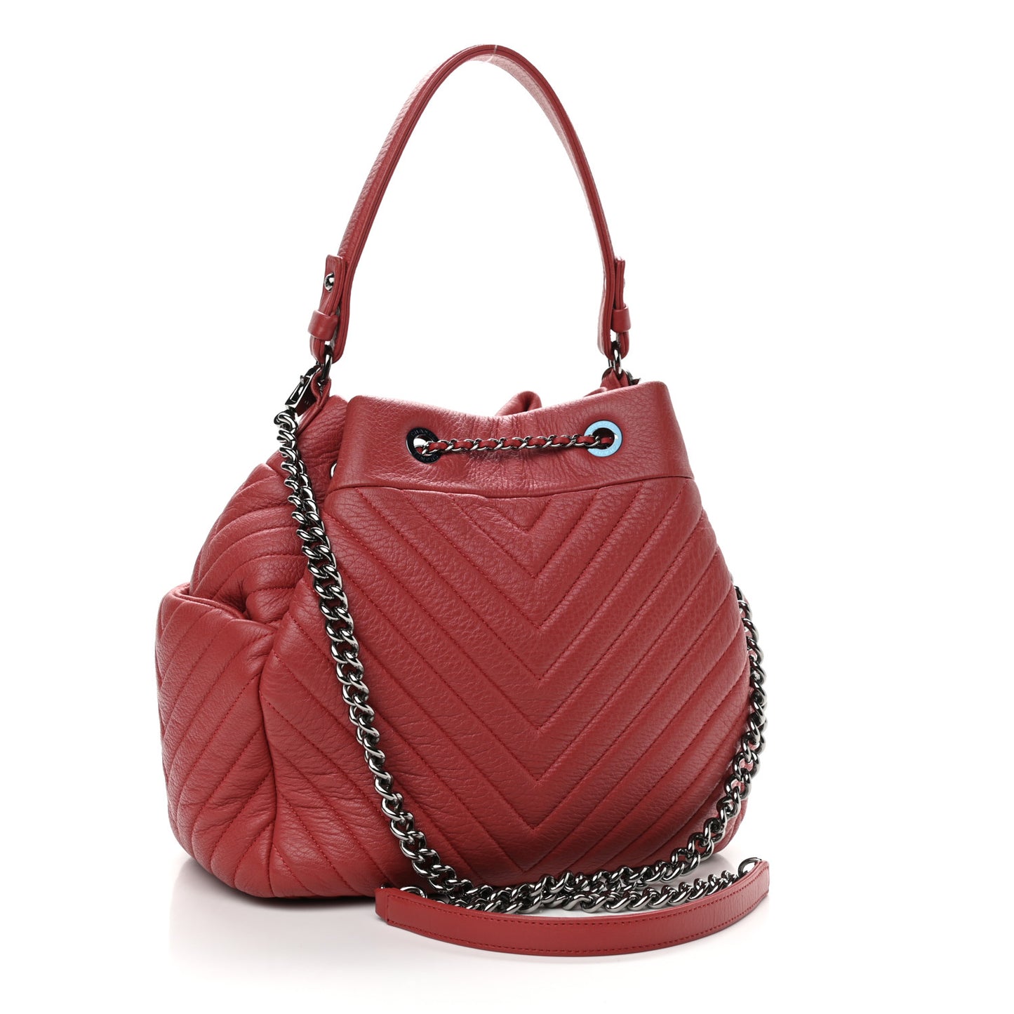 Deerskin Chevron Quilted Medium CC Chain Bucket Drawstring Bag Red