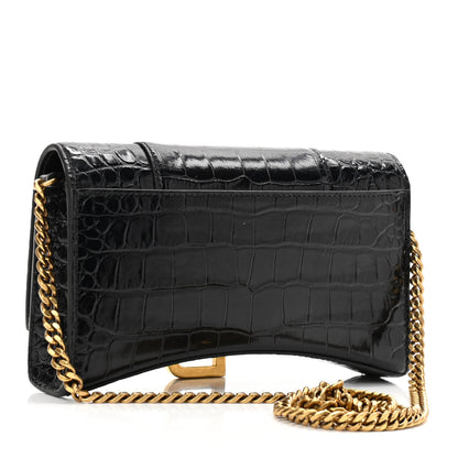 Balenciaga Shiny Calfskin Crocodile Embossed Hourglass Chain Bag Black 3 of 9