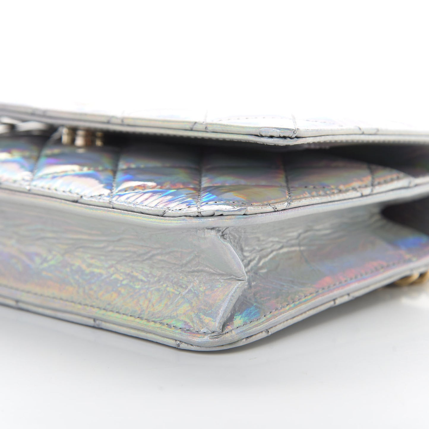 Iridescent Goatskin Quilted Wallet On Chain WOC Silver