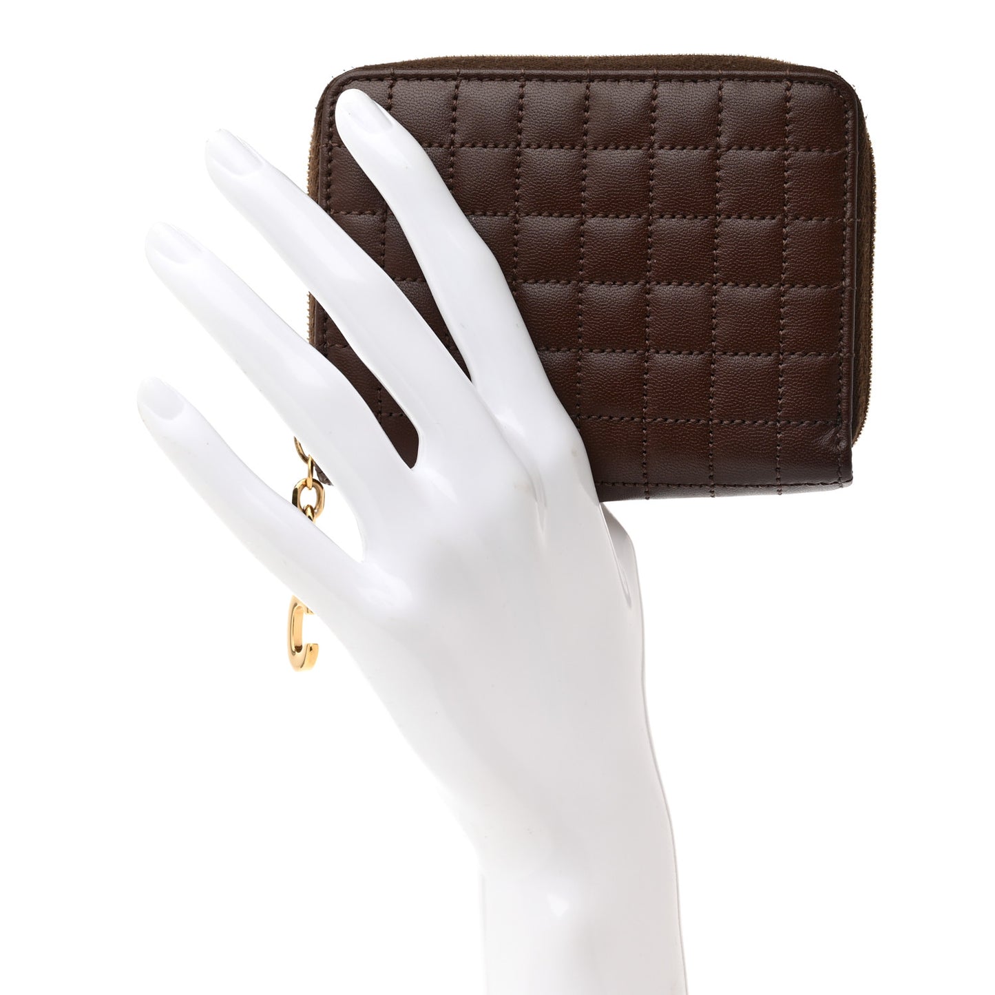 Lambskin Quilted C Charm Zip Around Wallet Brown