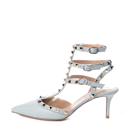Valentino Garavani Pebbled Calfskin Rockstud Ankle Strap 65mm Pumps 38 Sky Sorbet 1 of 9