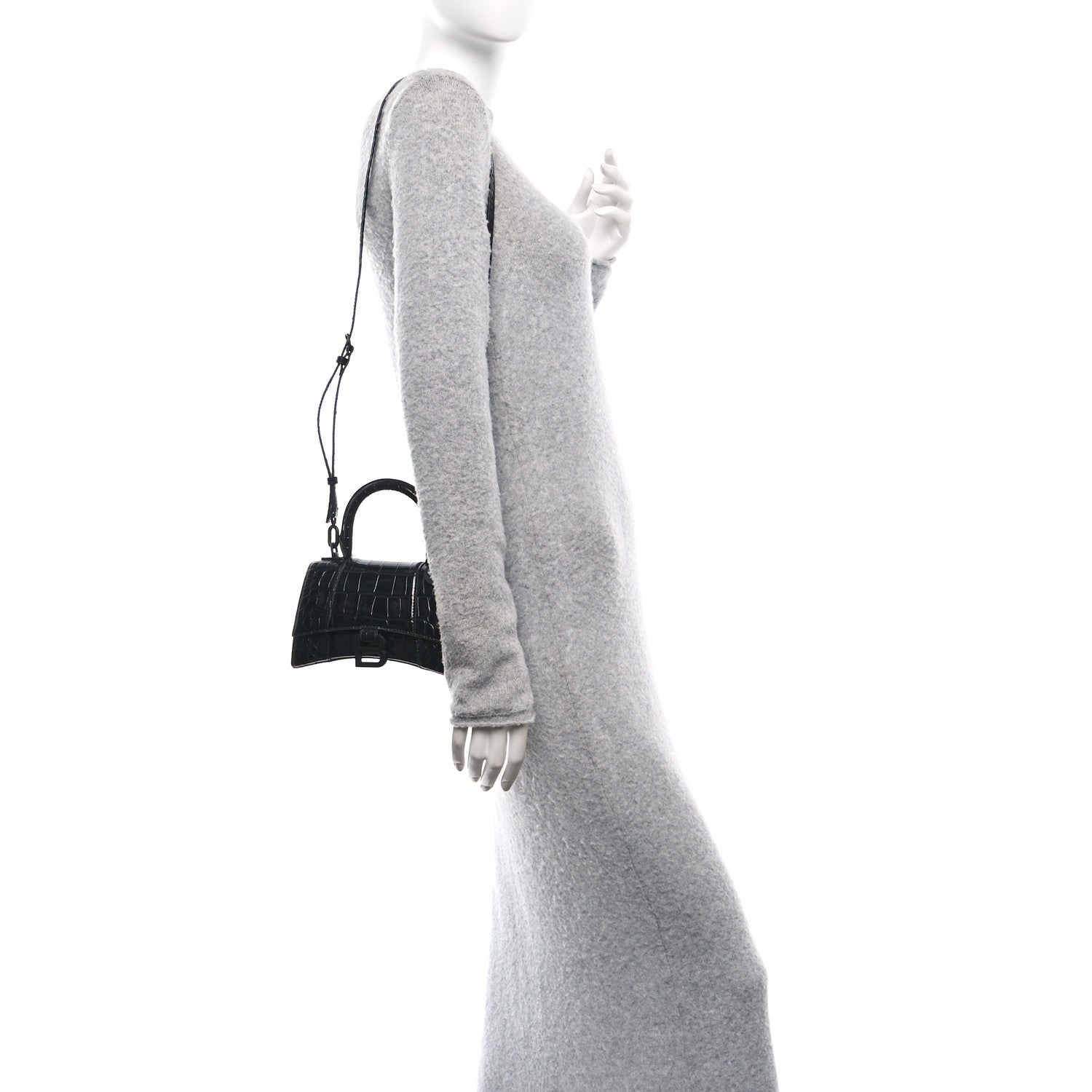 Balenciaga Shiny Calfskin Monochrome Crocodile Embossed Hourglass Top Handle Bag XS Black 2 of 11