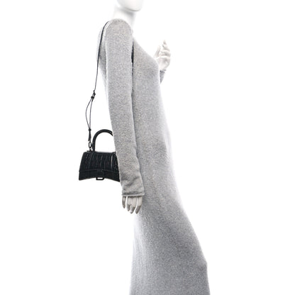 Balenciaga Shiny Calfskin Monochrome Crocodile Embossed Hourglass Top Handle Bag XS Black 2 of 11