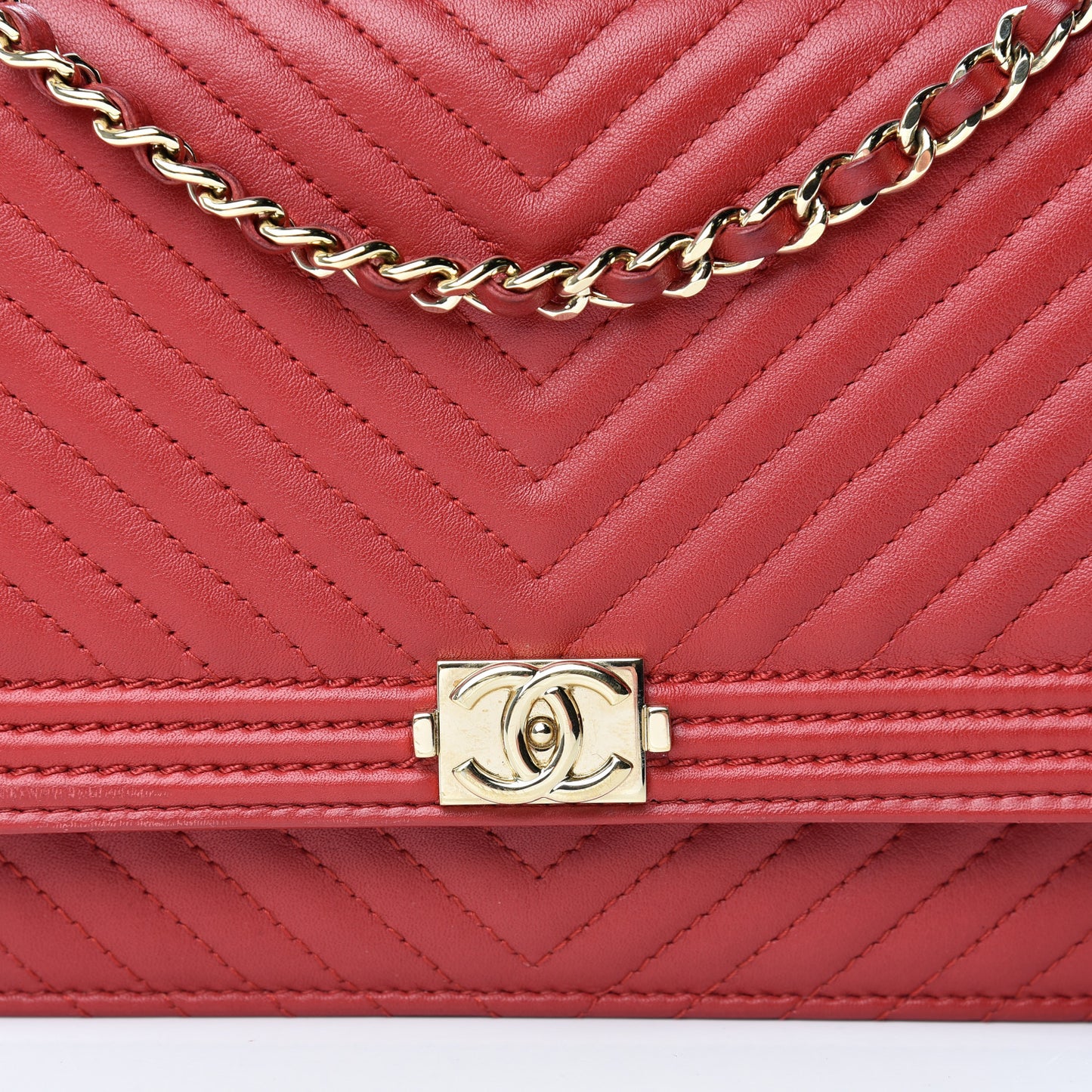 Lambskin Chevron Quilted Boy Wallet On Chain WOC Red