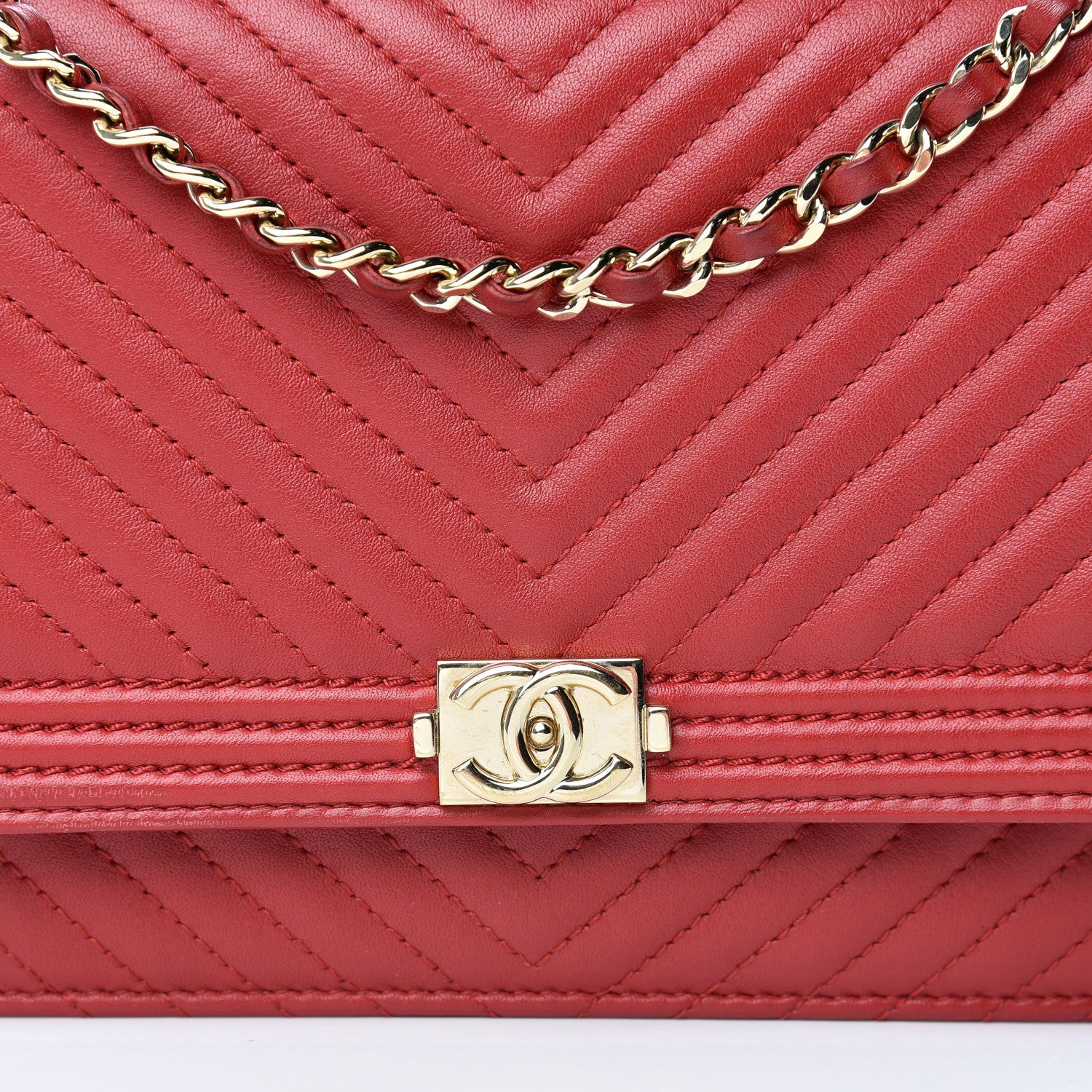 Chanel Lambskin Chevron Quilted Boy Wallet On Chain WOC Red 9 of 12