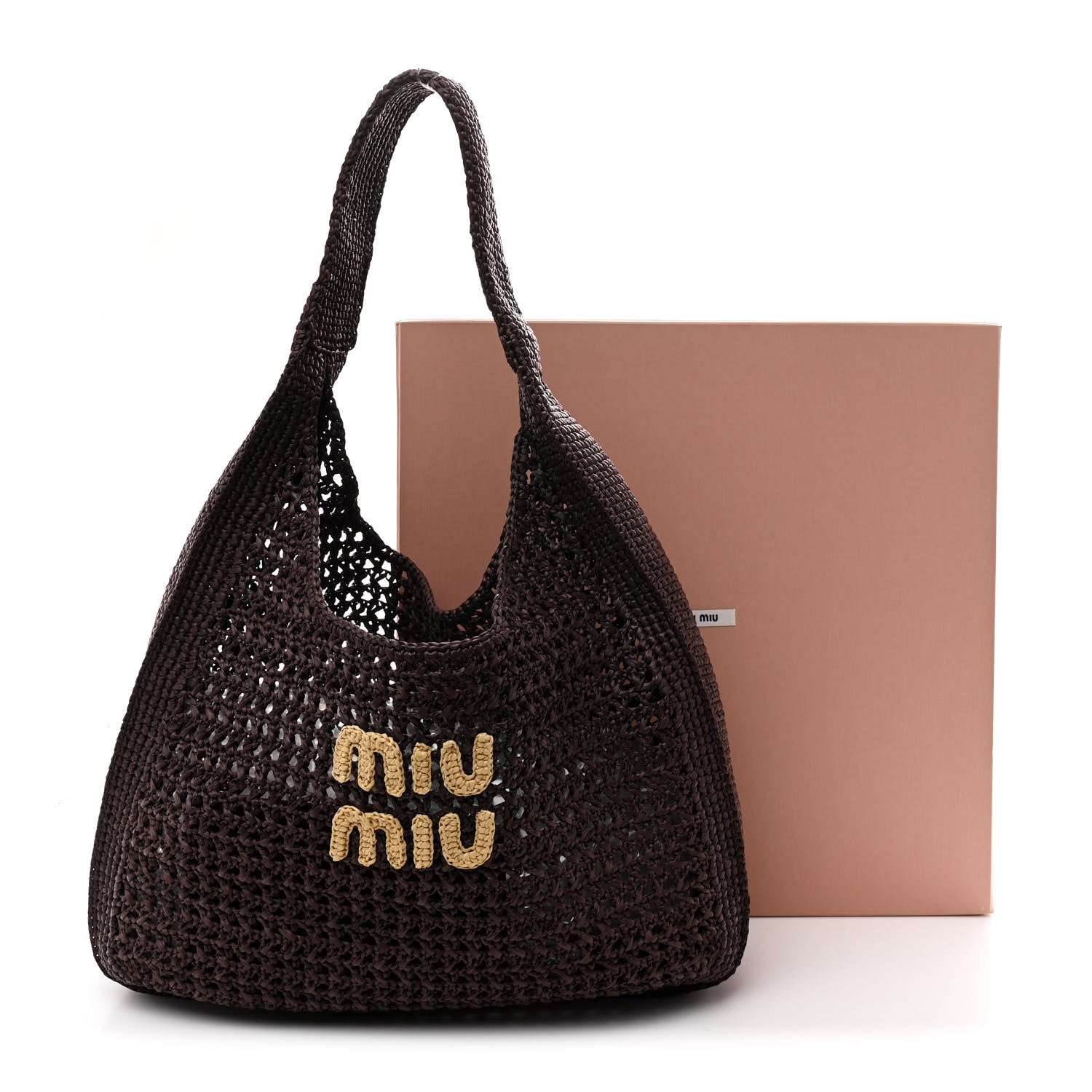 MIU MIU2wyバッグ Miu Miu Raffia Crochet Woven Hobo Cacao Naturale 1847364