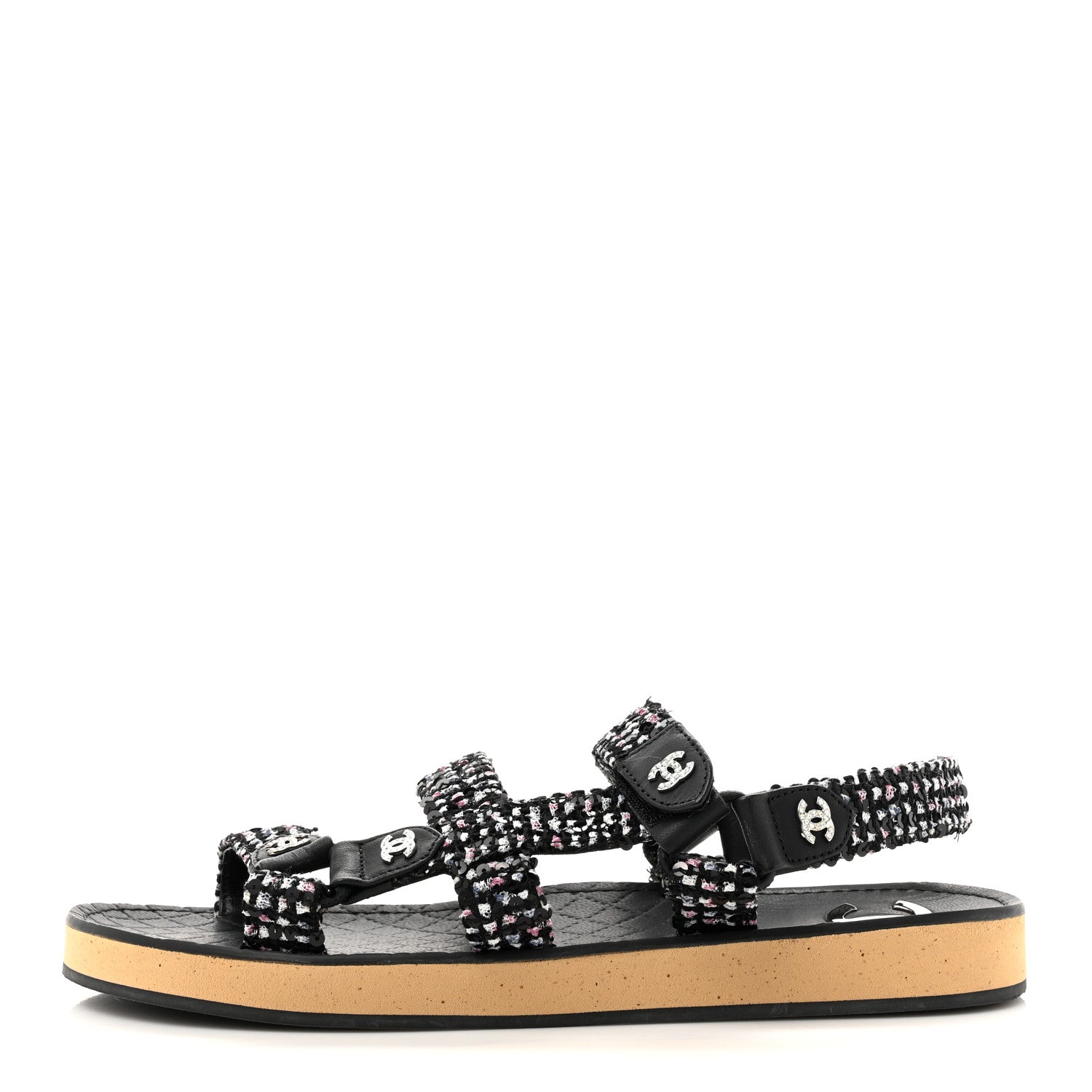 Chanel Glittered Tweed Lambskin Dad Sandals 39 Black White 1 of 9