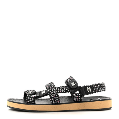 Chanel Glittered Tweed Lambskin Dad Sandals 39 Black White 1 of 9