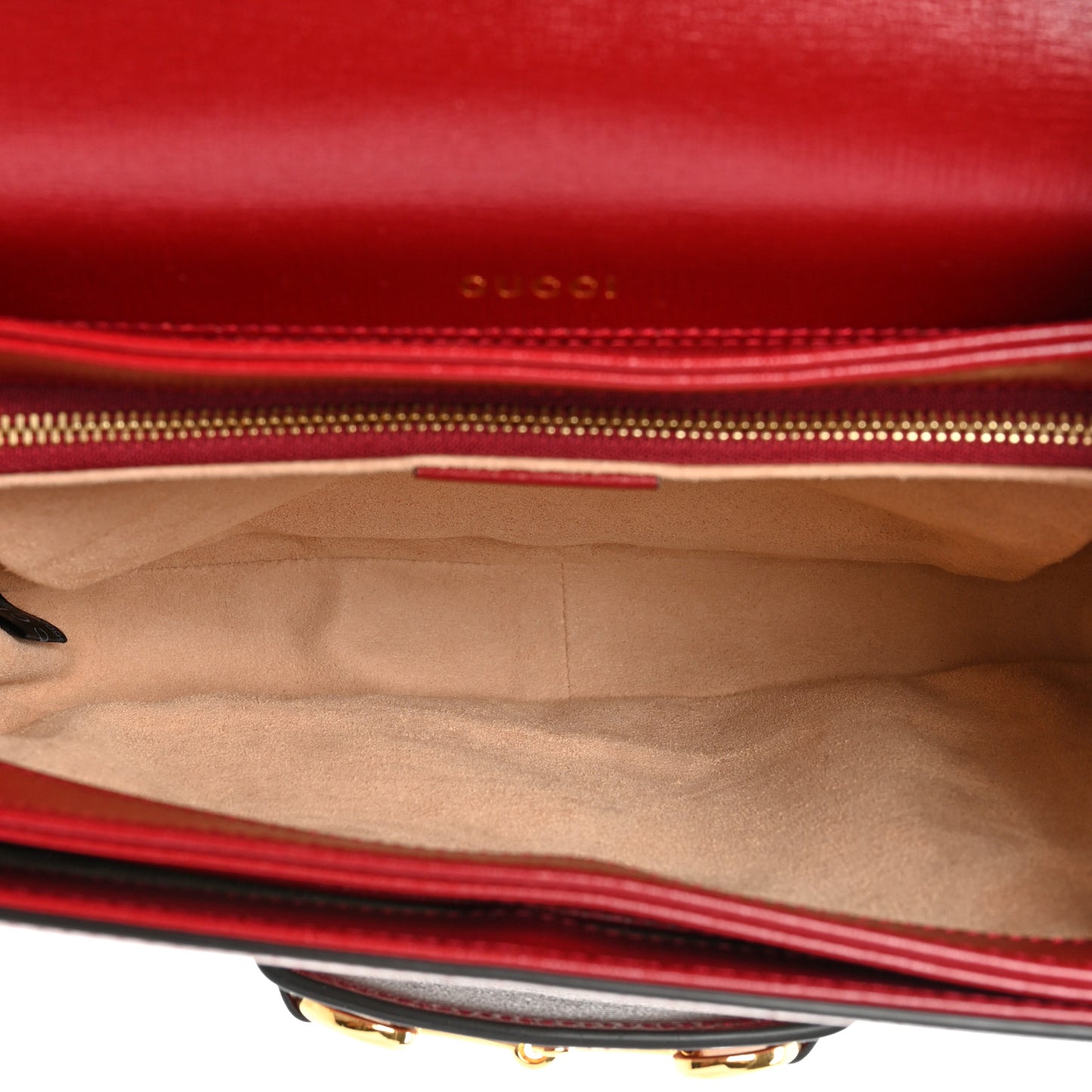 GG Supreme Monogram Azalea Calfskin Horsebit 1955 Shoulder Bag Beige Ebony New Cherry Red
