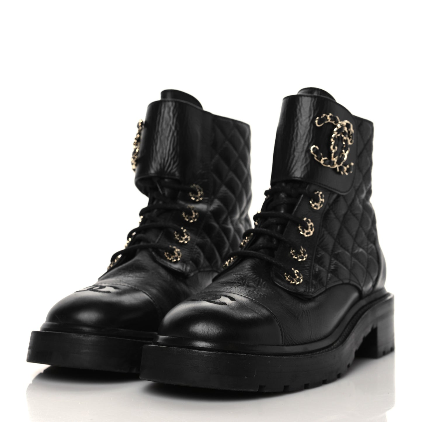 Shiny Goatskin Calfskin Quilted Lace Up Combat Boots 38.5 Black